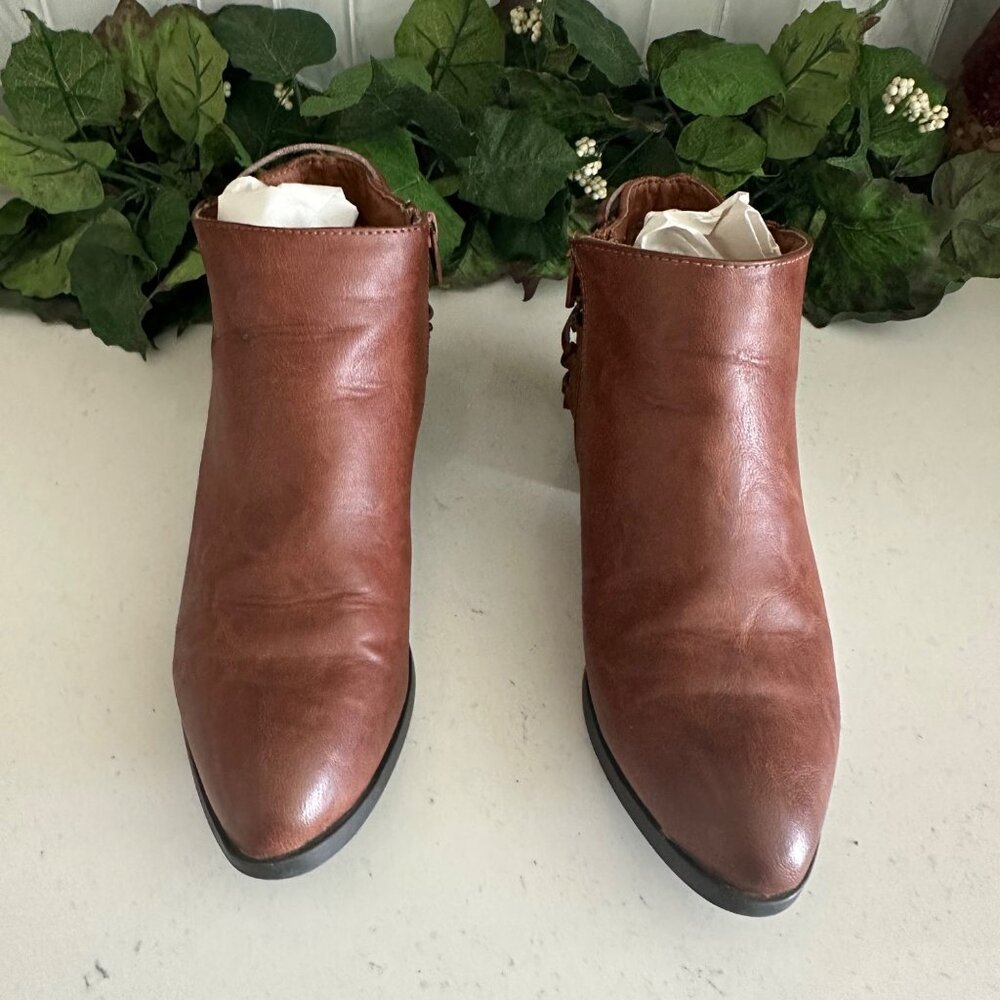 Brown Ankle Booties Size 8 With Side Zipper & Buckle Detail